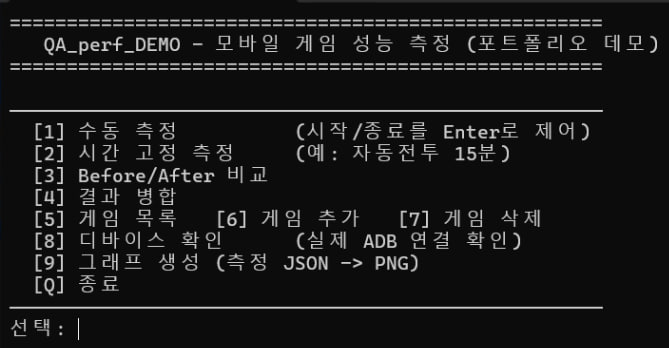 QA_perf_DEMO 측정 도구 콘솔 화면